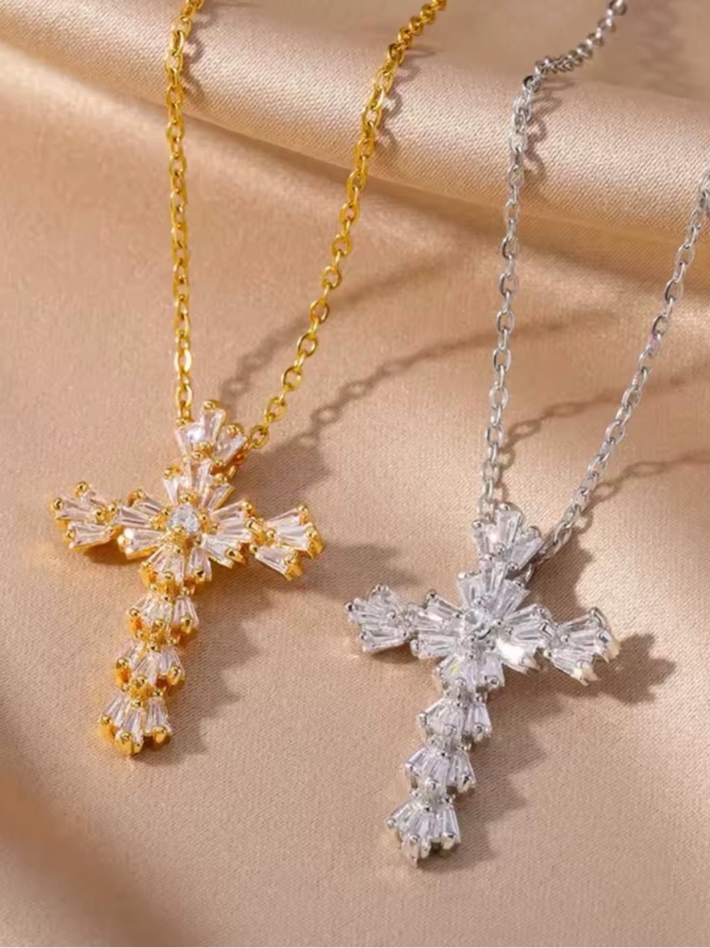 Gold Cross Pendant Necklace with Clear Crystal Accents - Picture 5 of 5